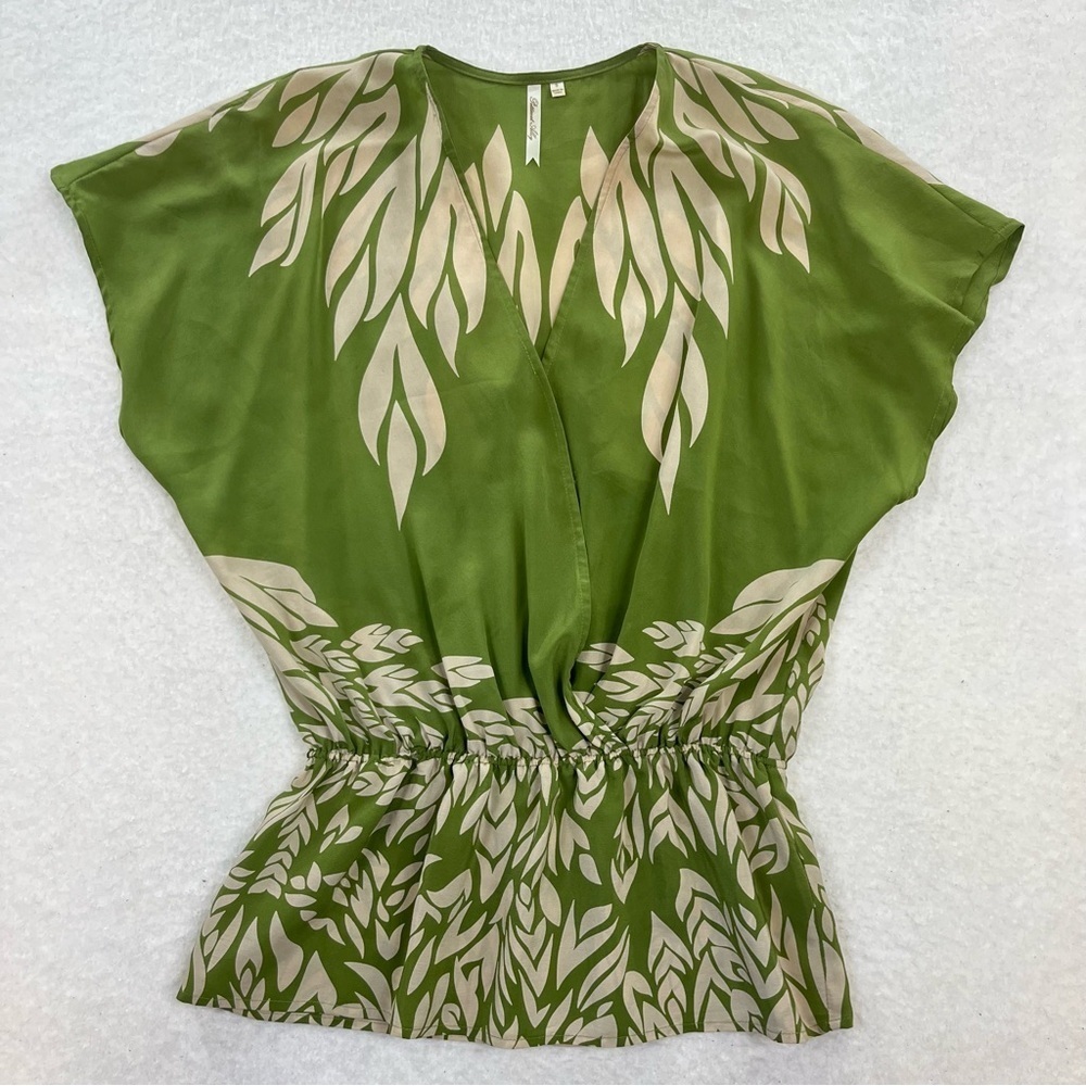 Petticoat Alley Silk Green Floral Plunge Criss Cross Blouse Size Small